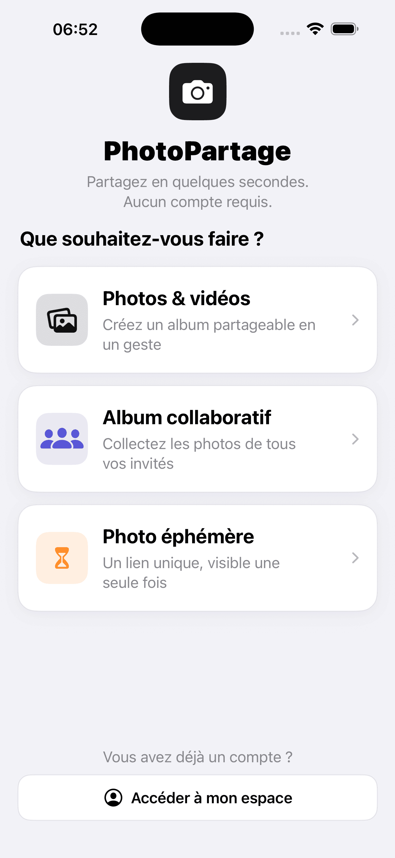 PhotoPartage iOS app screenshot on iPhone