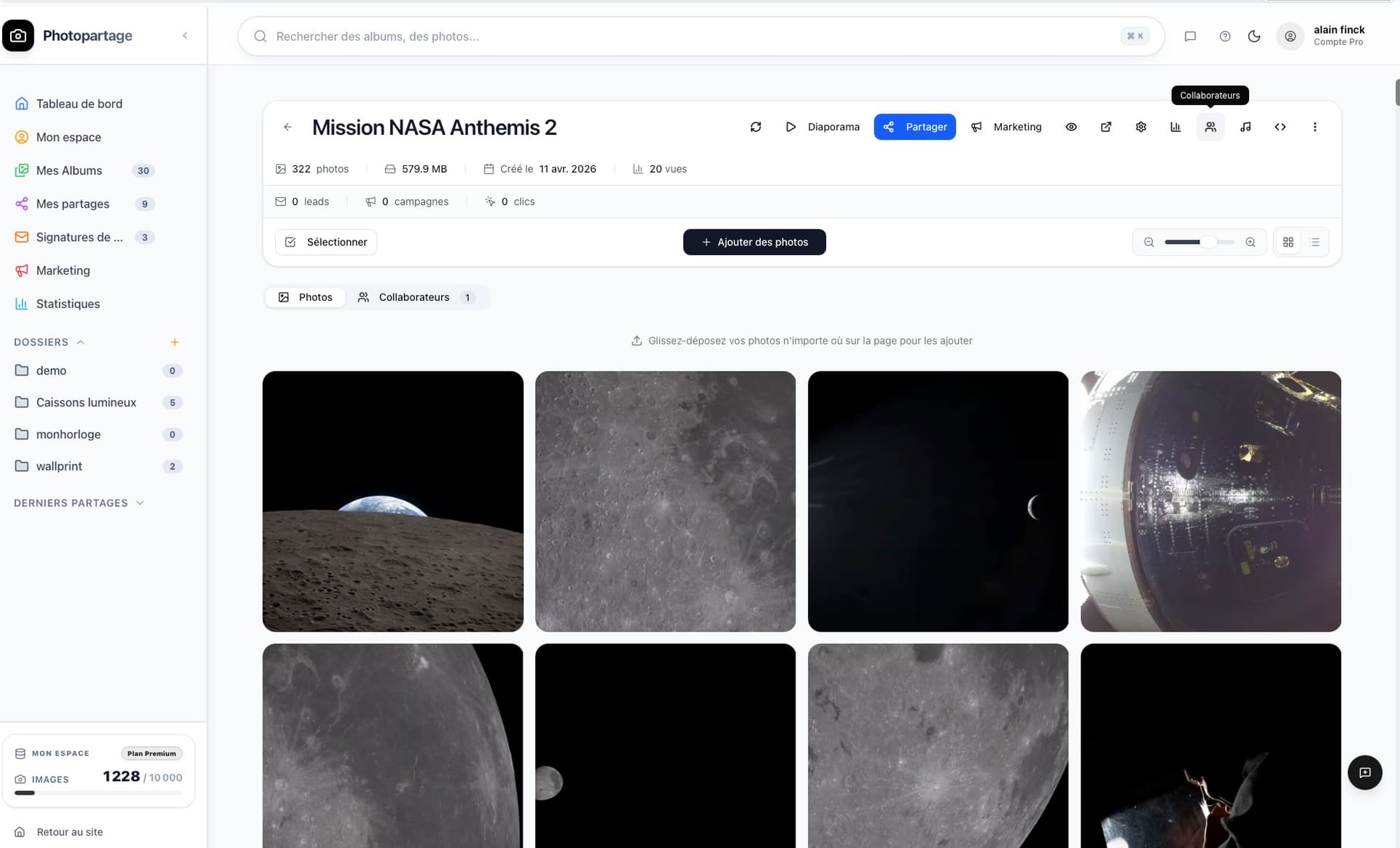 Interface album PhotoPartage avec accès Gestion album collaboratif